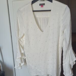 Vince Camuto Womens Cream Layered Ruffle Sleeve V Neck Gold Designs XS G/Con